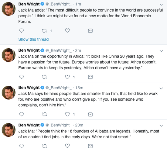 (本·赖特连发Twitter分享马云的观点)