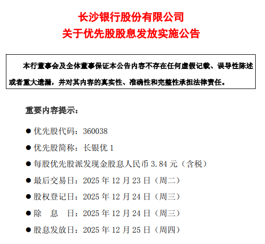 哔哩哔哩:麦当劳代金券-长沙银行：拟于12月25日派发优先股股息，每股发放现金股息3.84元