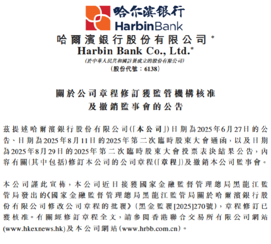 哈尔滨银行：获批修订公司章程并撤销监事会