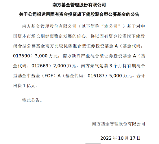 南方基金出资1亿元自购旗下3只基金产品