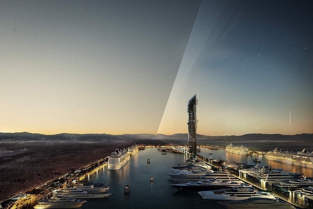沙特阿拉伯未来新城，500米高的平行结构的设计方案，被称为“The Line”。（视觉中国）