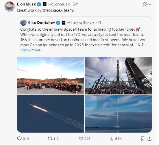 SpaceX今年完成165次发射任务，年底前还有两次