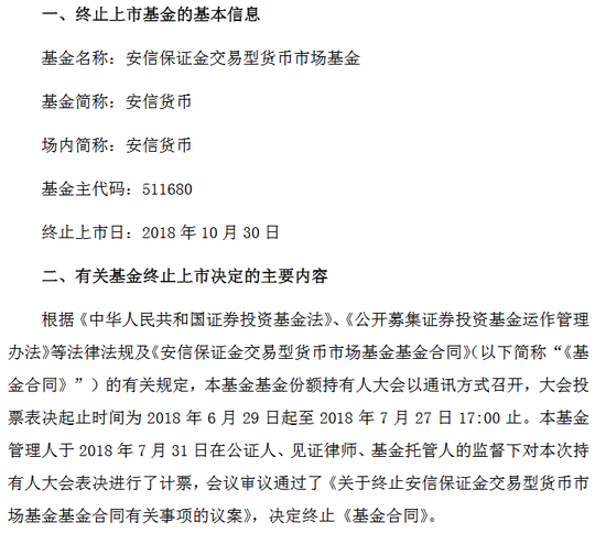 安信保证金交易型货基10月30日终止上市