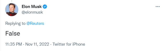 （马斯克评论路透社报道的截图）
