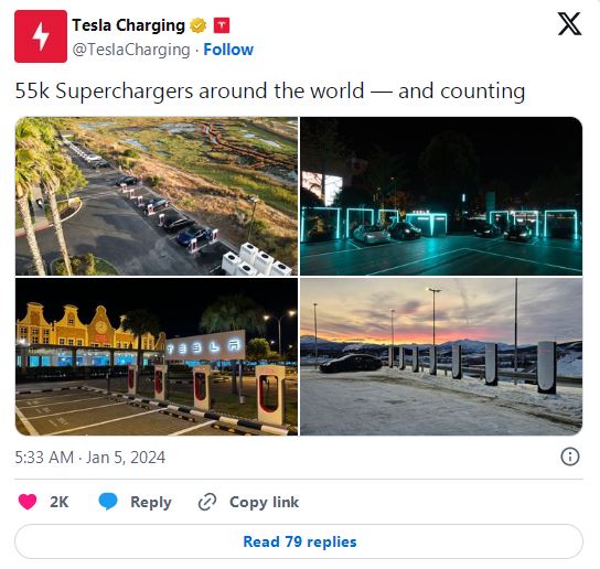 特斯拉宣布全球超充桩数量达到5.5万个