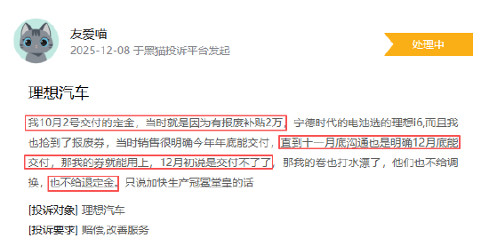 12月黑猫投诉汽车行业红黑榜：理想汽车无法按约定时间交车20000元报废补贴作废