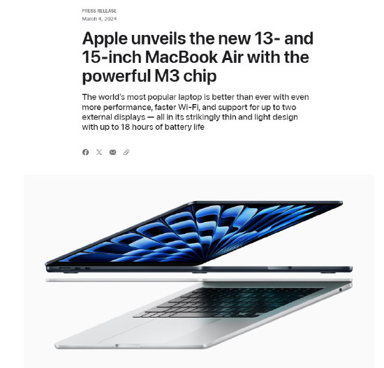 苹果推出M3芯片版MacBook Air：有13英寸和15英寸版可选