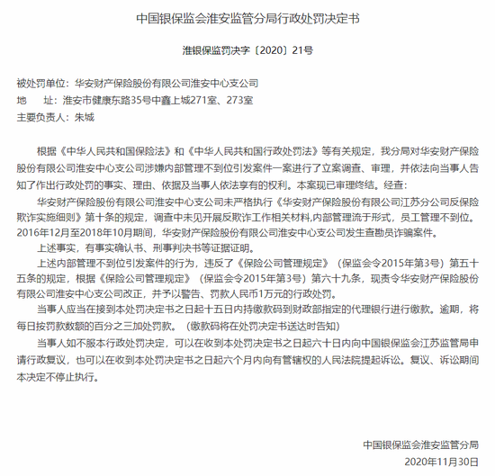 华安财险淮安中支被罚1万：内部管理不到位引发案件