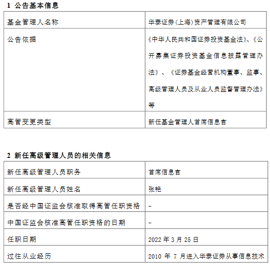 “华泰证券资管刘玉生因职务调整离任 新任张艳为首席信息官