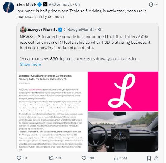 美保险商宣布为特斯拉降保费，马斯克回应：FSD极大提高了安全性