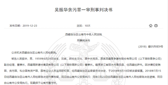 西藏天路子公司原董事长被判11年半 涉案金额近