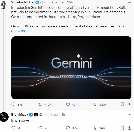 马斯克祝贺谷歌推出Gemini：令人印象深刻