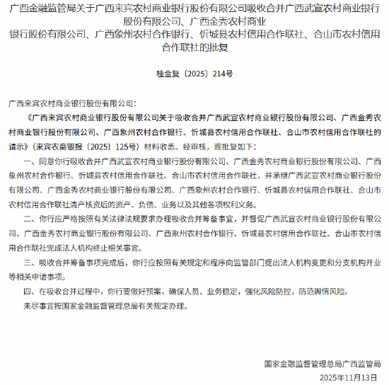 广西来宾农商行获批吸收合并5家农信机构