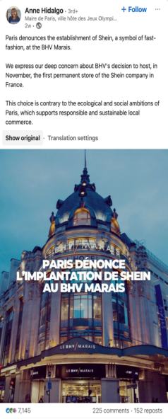 (巴黎市长对Shein入驻BVH百货的公开谴责)