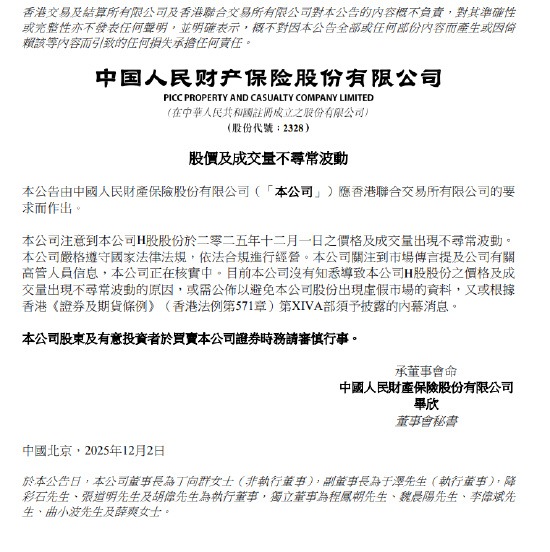 中国财险：12月1日股价及成交量异常波动 暂未查明原因