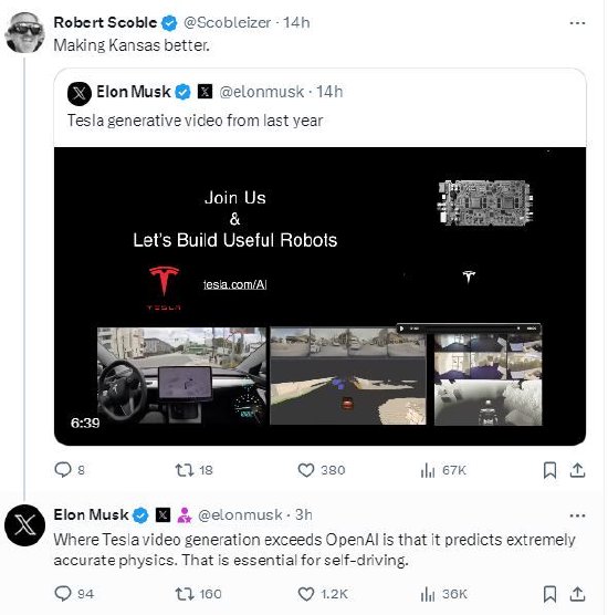 马斯克：特斯拉视频生成技术全球第一，比OpenAI更牛！