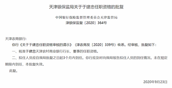 农行投行部原总裁于建忠获准出任天津农商银行行长