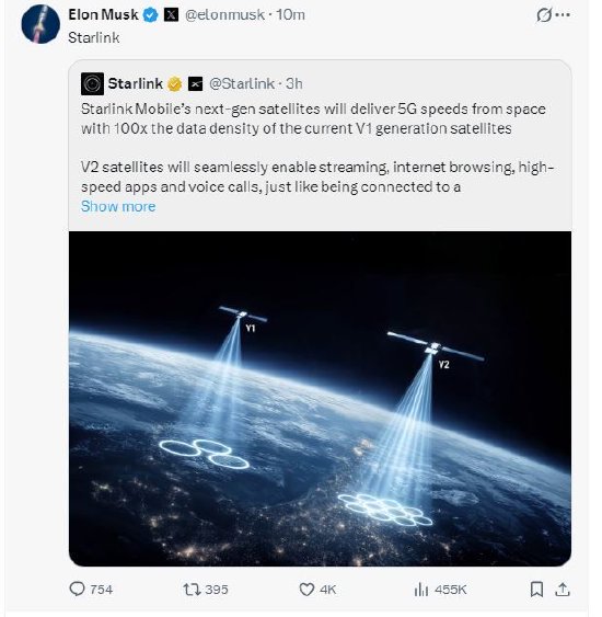 马斯克称第二代星链卫星将提供5G速度的太空互联网服务