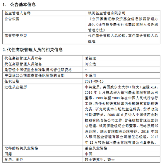 银河基金高见因个人原因离任 董事长刘立达代任总经理职务