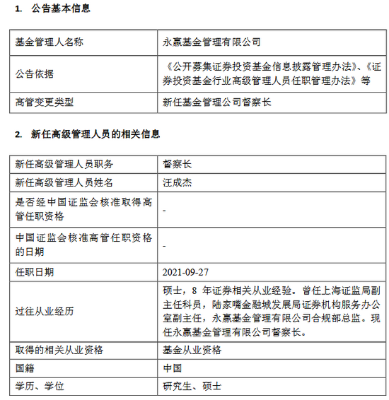 永赢基金新任汪成杰为督察长