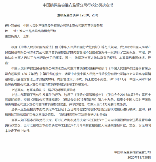 人保财险涟水支公司被罚1万：内部管理不到位引发案件