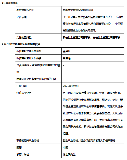 “新华基金张宗友转任联席董事长 