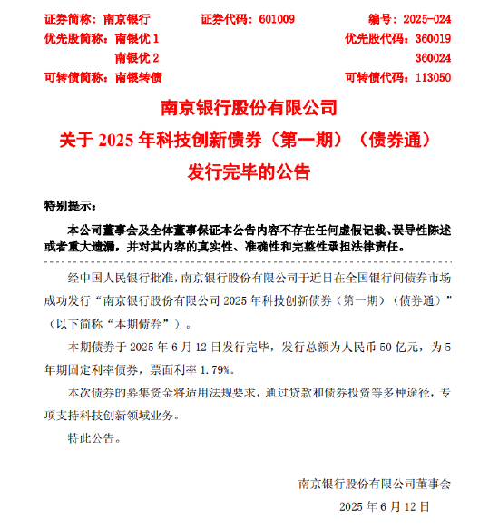 南京银行：2025年科技创新债券(第一期)(债券通)发行完毕