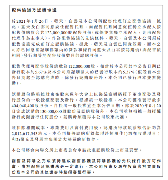 中教控股拟折让约8.19%先旧后新配售1.22亿股 净筹约20.13亿港元