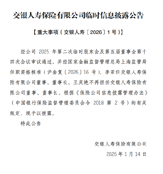 交银人寿：李亚任董事、董事长，王庆艳卸任