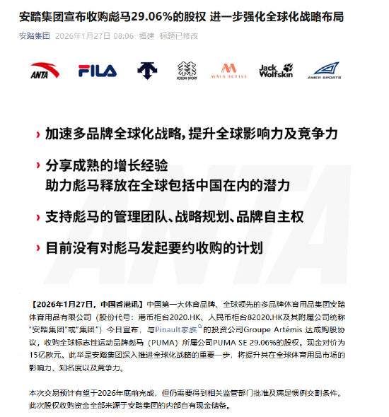 安踏15亿欧元收购彪马29.06%股权，成为其最大股东