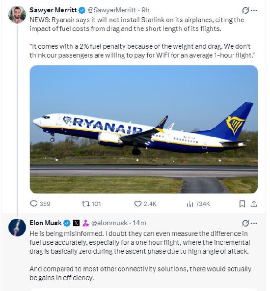 马斯克回应瑞安航空拒绝在其飞机上安装星链系统