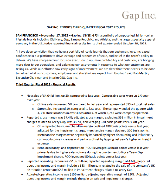 Gap2022财年第三季度财报