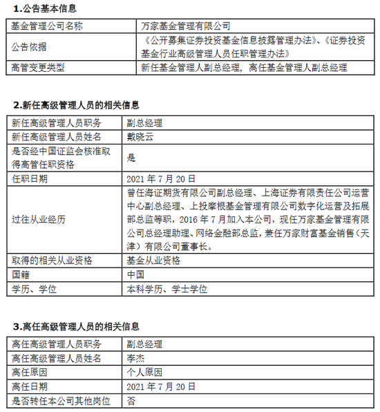 万家基金李杰因个人原因离任 新任戴晓云为副总经理