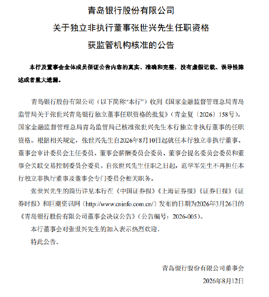 青岛银行：独立董事张世兴任职资格获核准