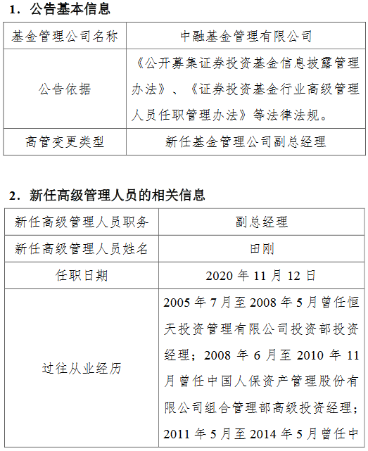 中融基金新任田刚为副总经理 曾任职为歌斐资产董事总经理