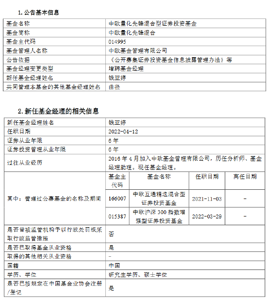 “中欧量化先锋混合增聘钱亚婷为基金经理