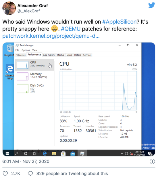 国外工程师在M1设备上成功运行Win 10