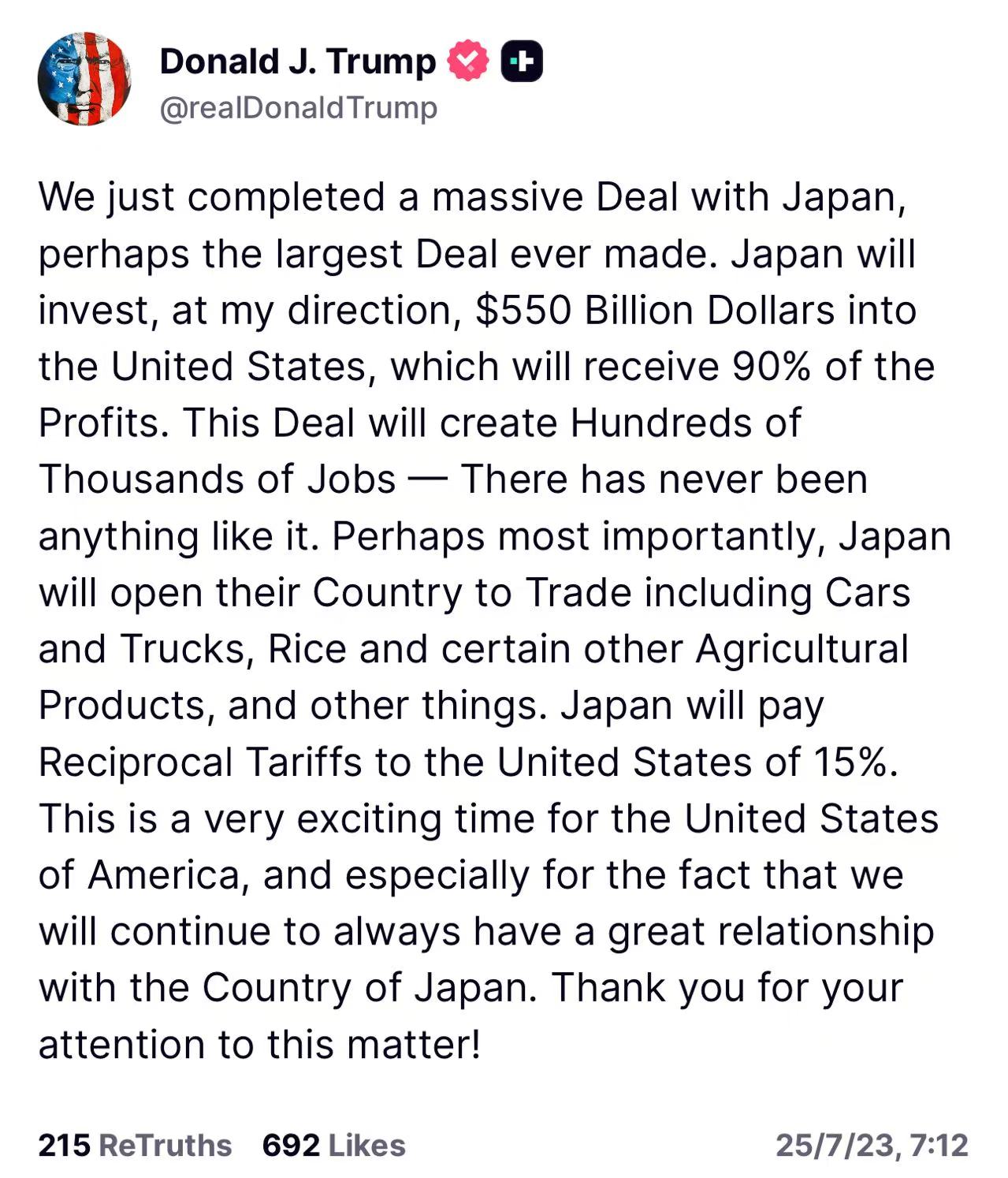 特朗普：与日本完成了一项规模庞大的交易，日本将向美国支付15%的对等关税！美元兑日元短线走弱