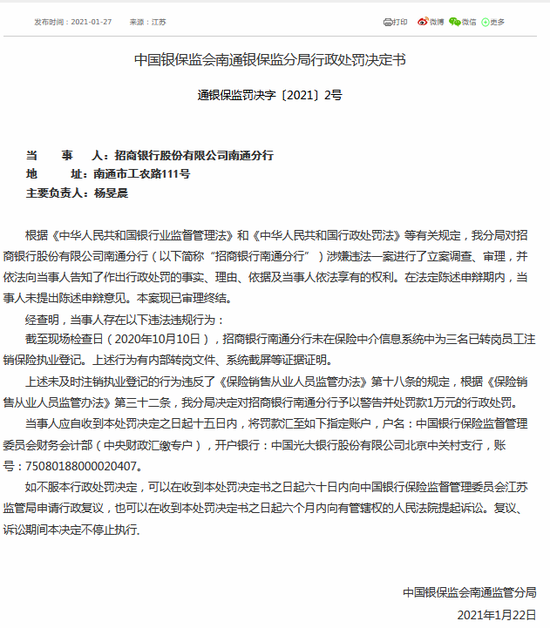招行南通分行被警告处罚：未注销转岗员工保险执业登记