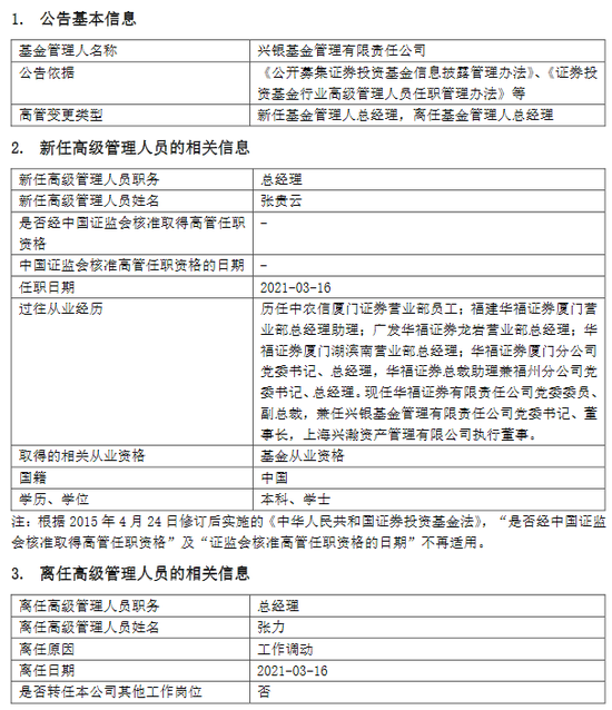 “兴银基金张力因工作调动原因离任 董事长张贵云兼任总经理