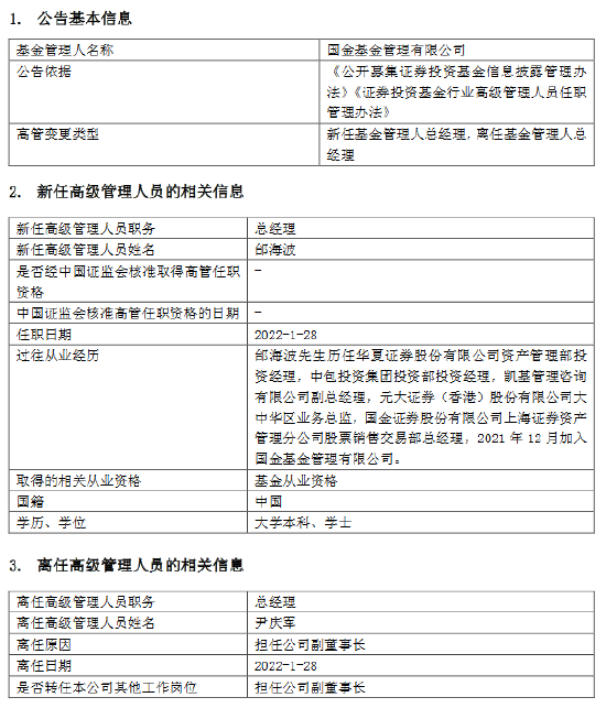 国金基金新任邰海波为总经理 原总经理尹庆军转任公司副董事长