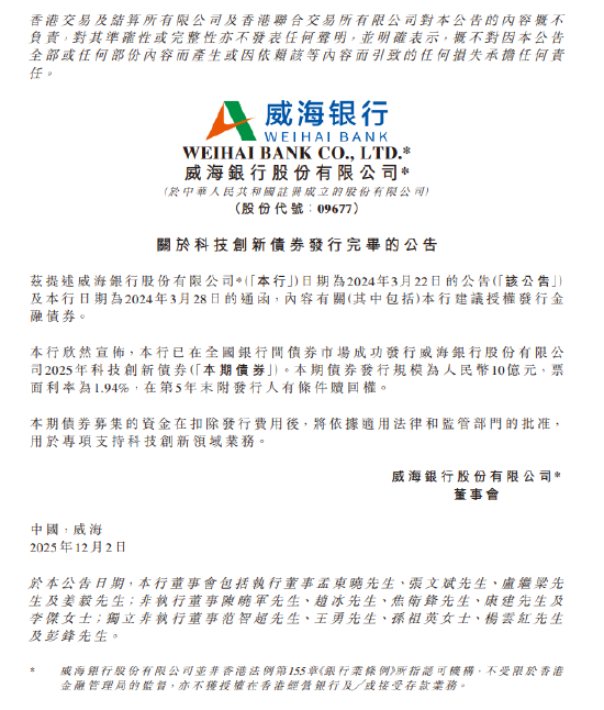 微博:中国移动话费充值卡-威海银行：成功发行10亿元科技创新债券，票面利率为1.94%
