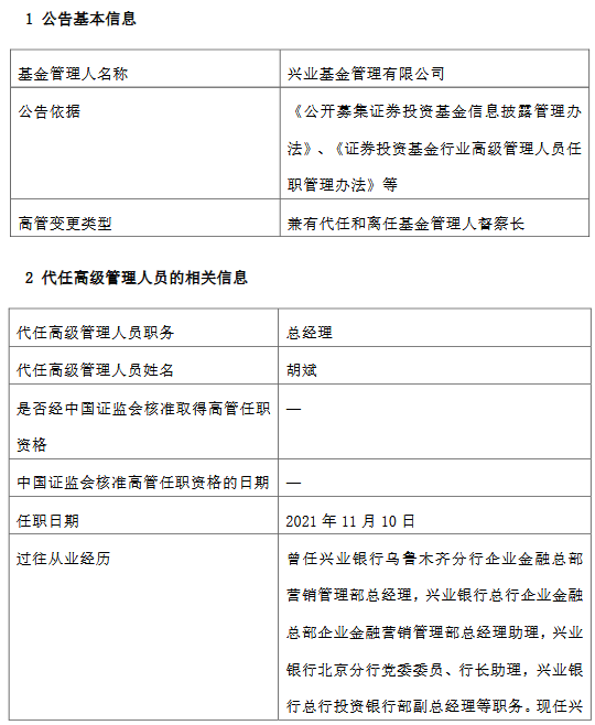 兴业基金王薏因个人年龄原因离任 总经理胡斌督察长职务