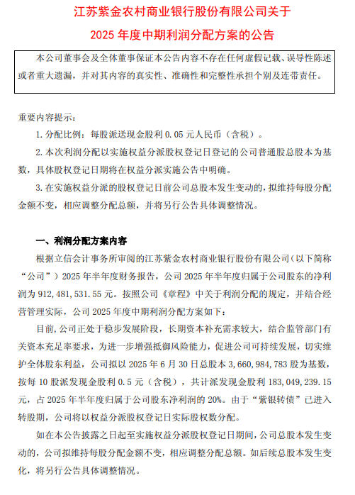 紫金银行公布中期利润分配方案：拟每10股派发现金股利0.5元