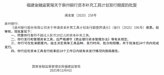 泉州银行获批发行不超过人民币20亿元的资本补充工具