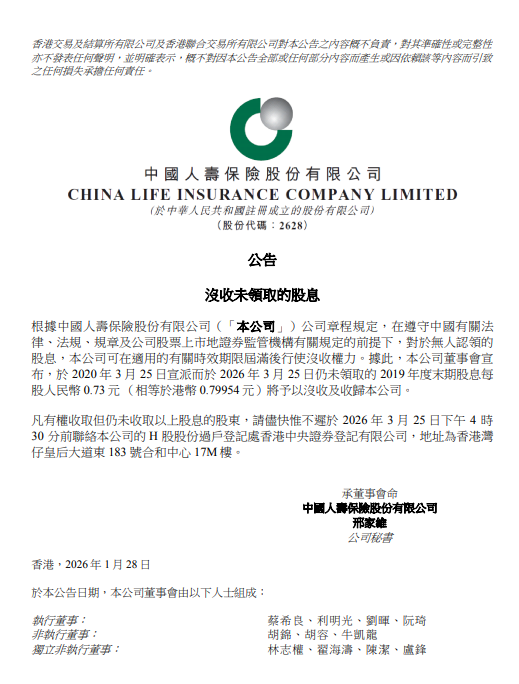 中国人寿：没收未领取的股息