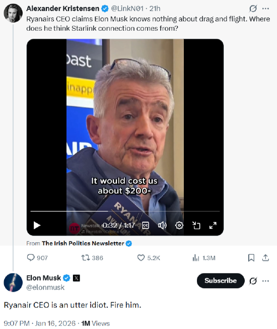 马斯克威胁收购瑞安航空并撤换其CEO