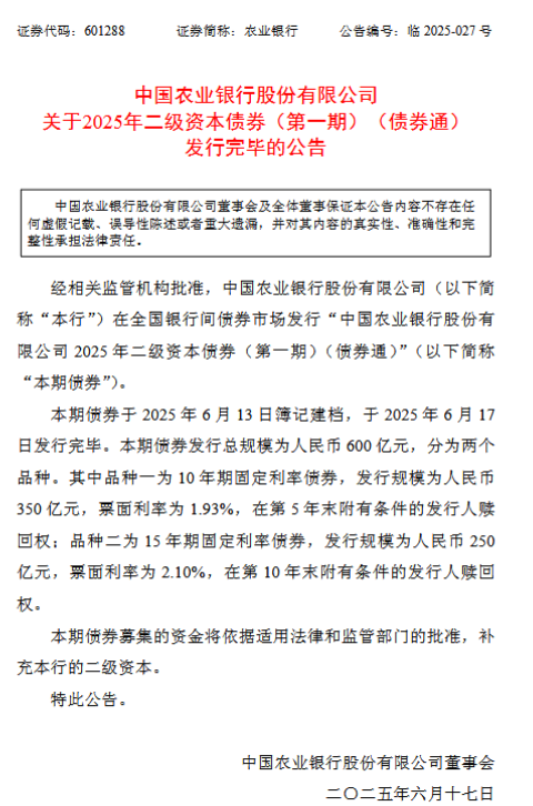 农业银行：600亿元二级资本债券发行完毕