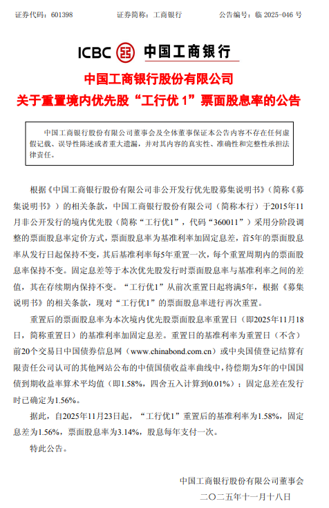 工商银行：重置境内优先股“工行优1”票面股息率为3.14% 股息每年支付一次