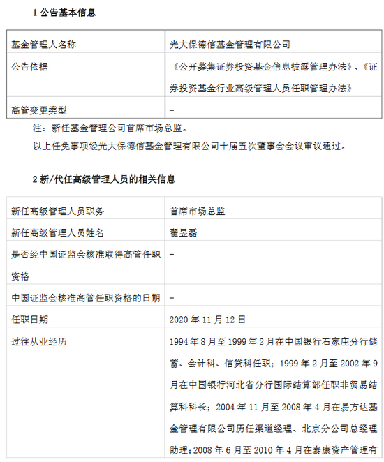 光大保德信基金新任翟昱磊为首席市场总监 兼管北京、广州分公司